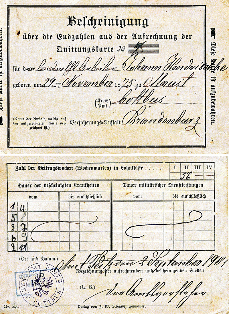 Rentenkarte Johann HENDRISCHKE vom 02.09.1901