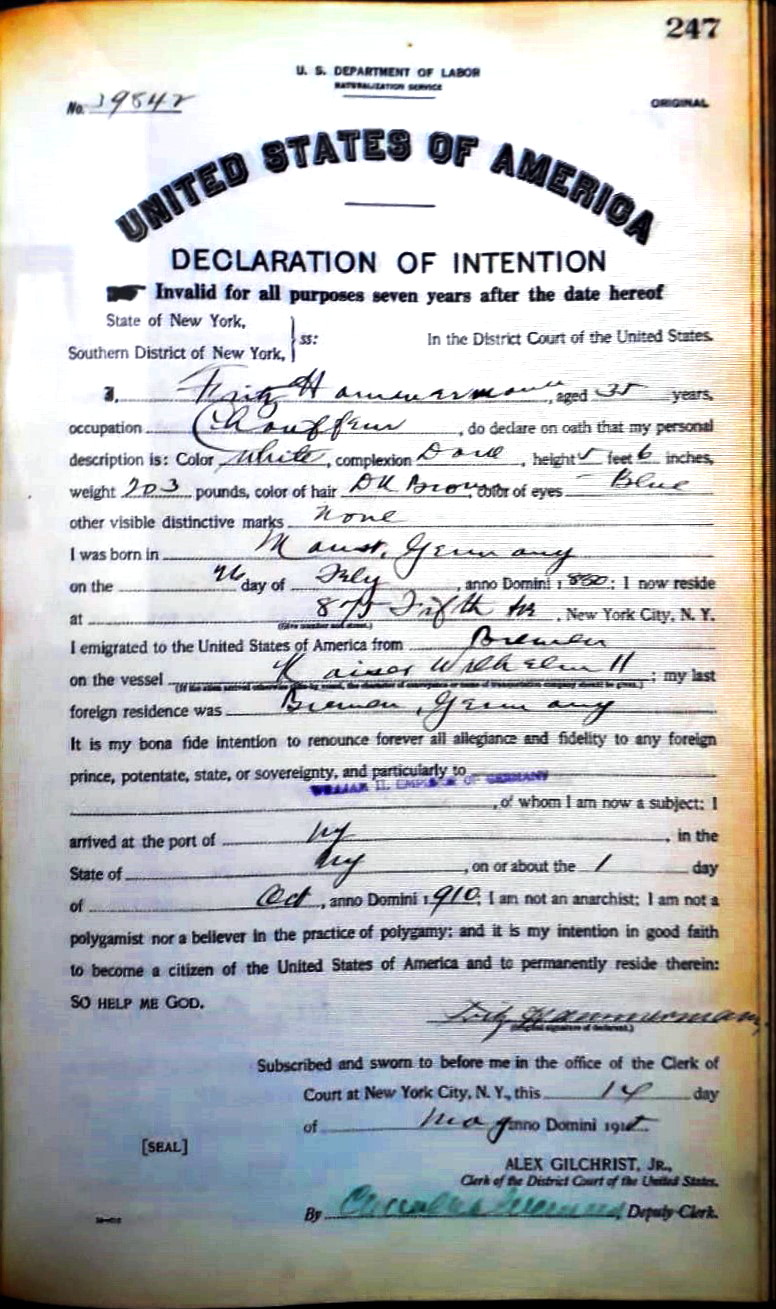 Einbürgerung Fritz Hammermann in die USA 1915