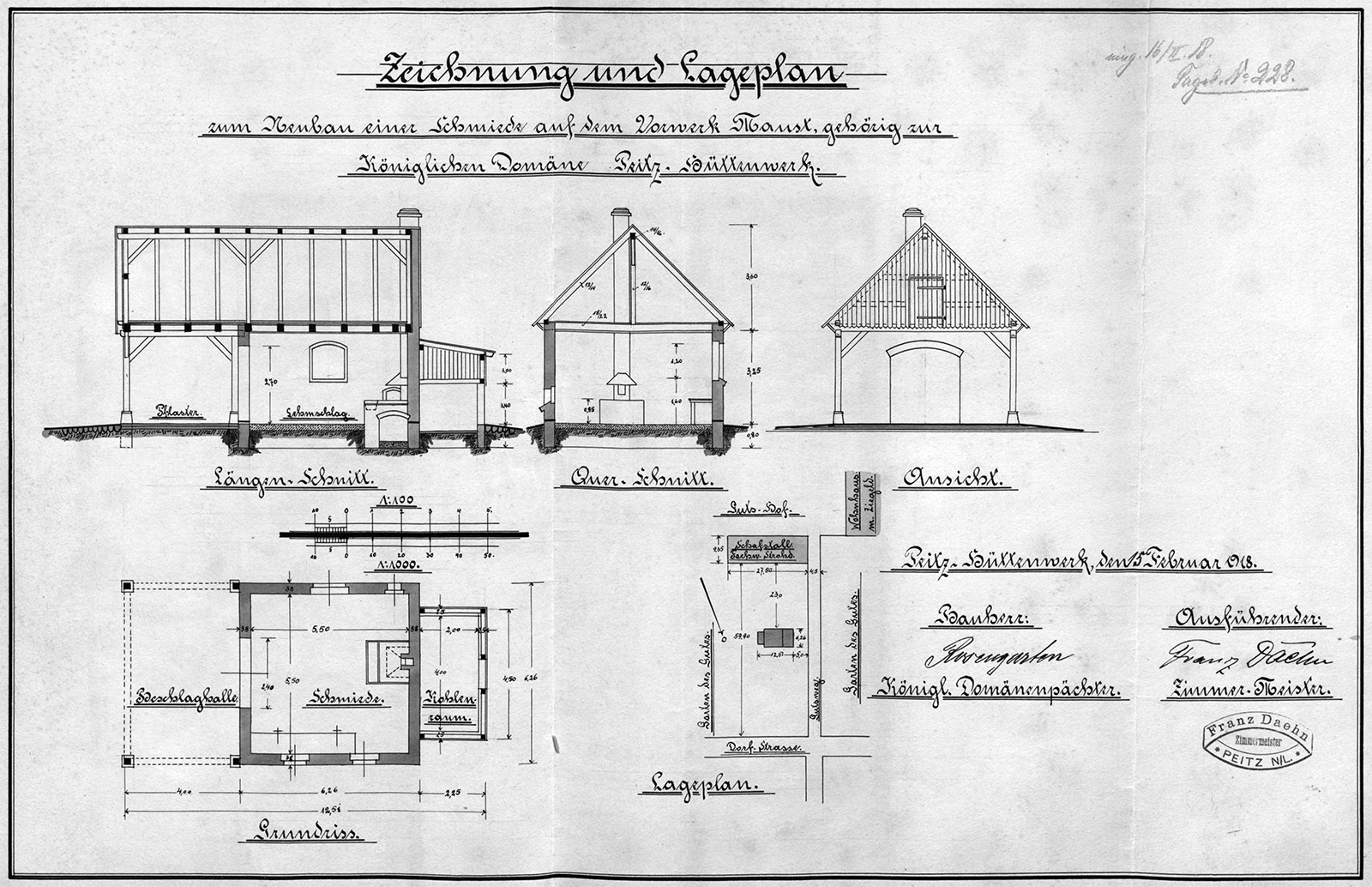 Bauzeichnung der Gutsschmiede Maust vom 16.02.1918