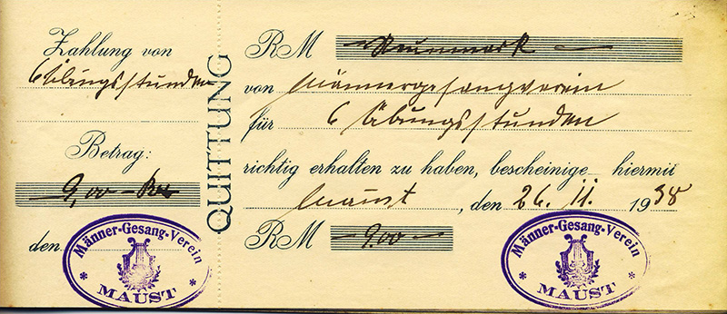 Quittung des Männergesangvereins Maust 1938