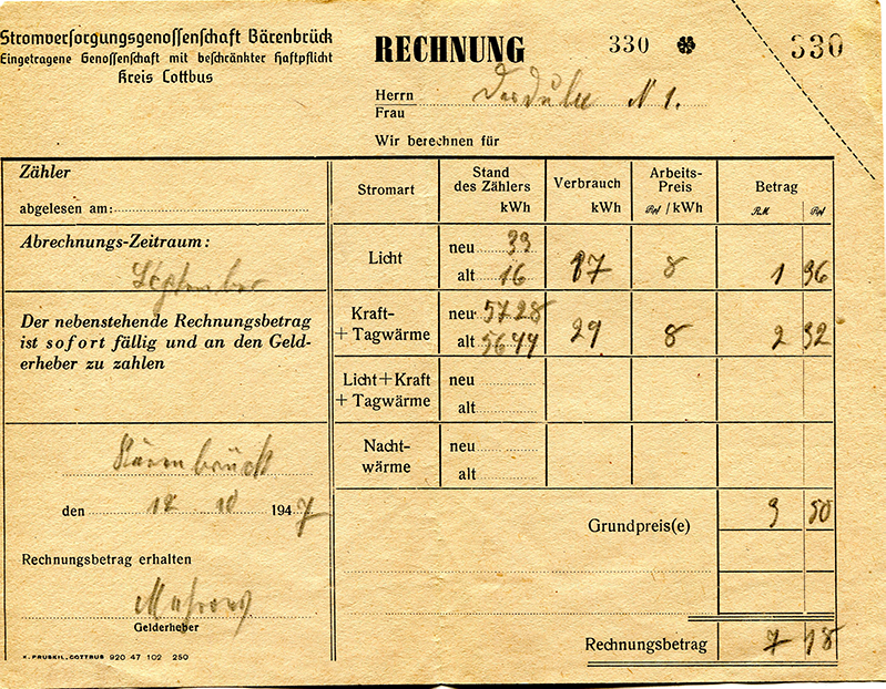 Stromrechnung DERDULLA von 09/1947